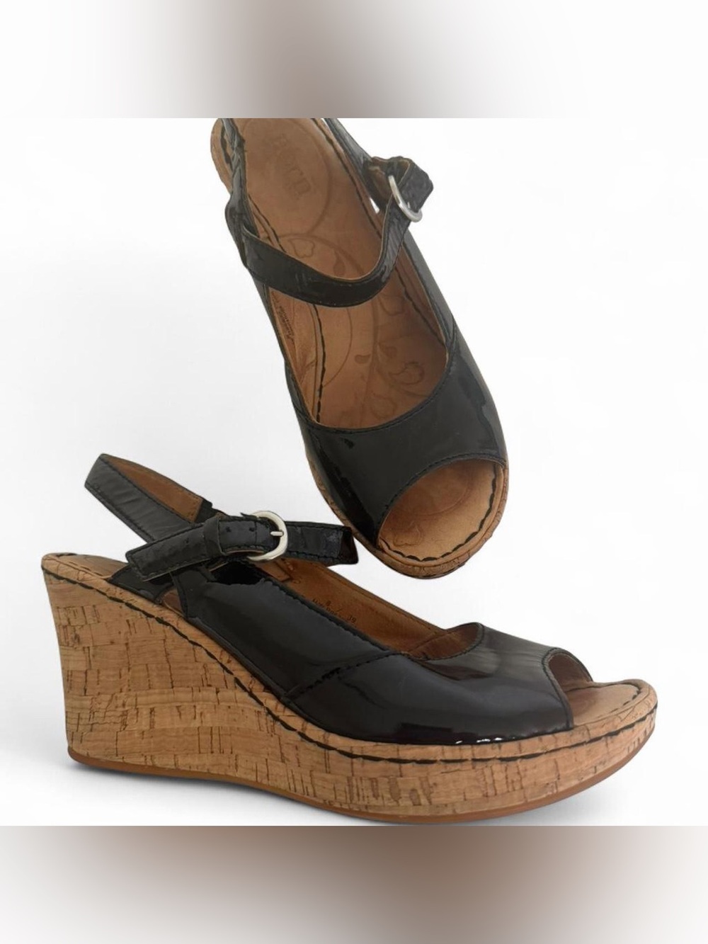 Born Black Patent Leather Cork Wedge Peep Toe Platform Sandals Size 8 Resortwear